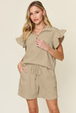 Double Take Full Size Texture Flounce Sleeve Top and Drawstring Shorts Set 