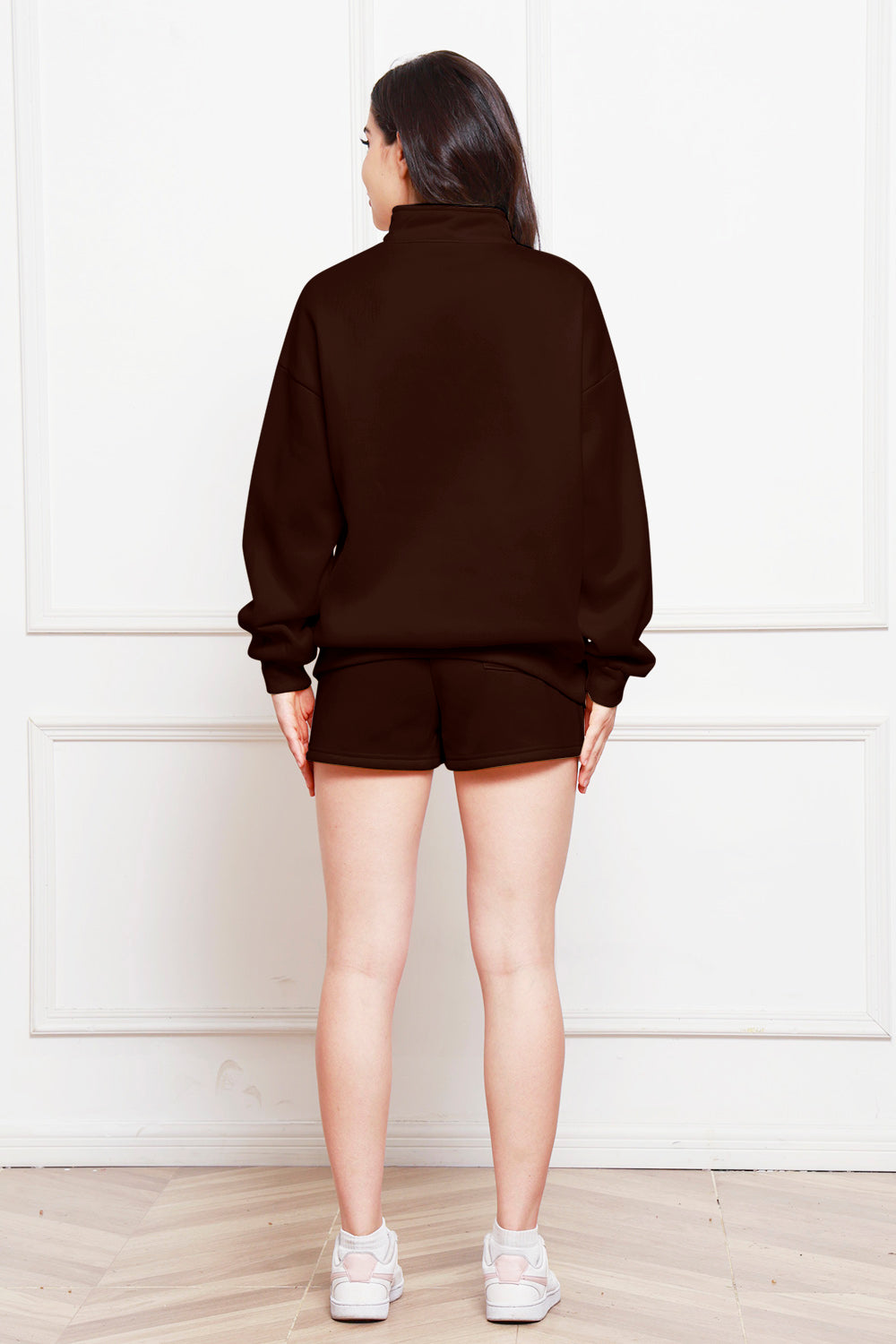 Half Zip Long Sleeve Sweatshirt and Drawstring Shorts Set 