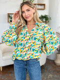 Double Take Full Size Printed Smocked Long Sleeve Blouse 