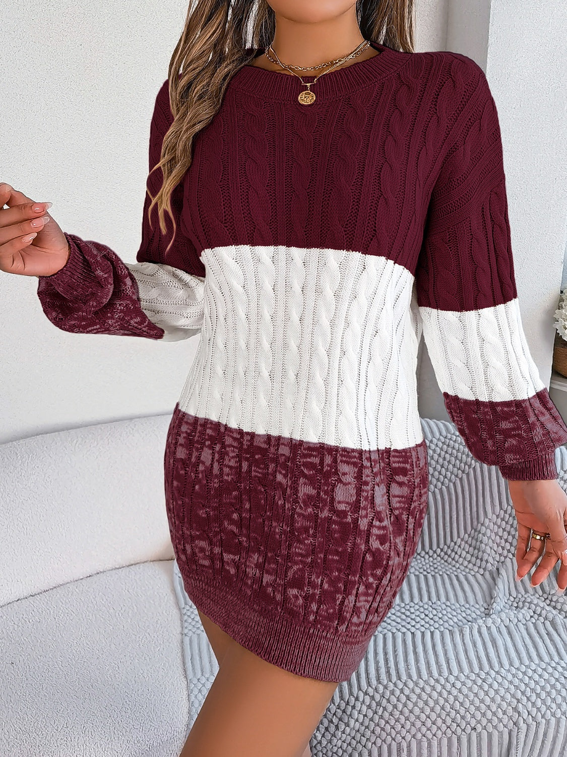 Cable-Knit Round Neck Color Block Sweater Dress 