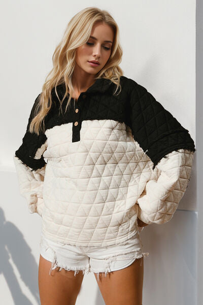 Double Take Quarter Button Contrast Long Sleeve Quilted Sweatshirt 