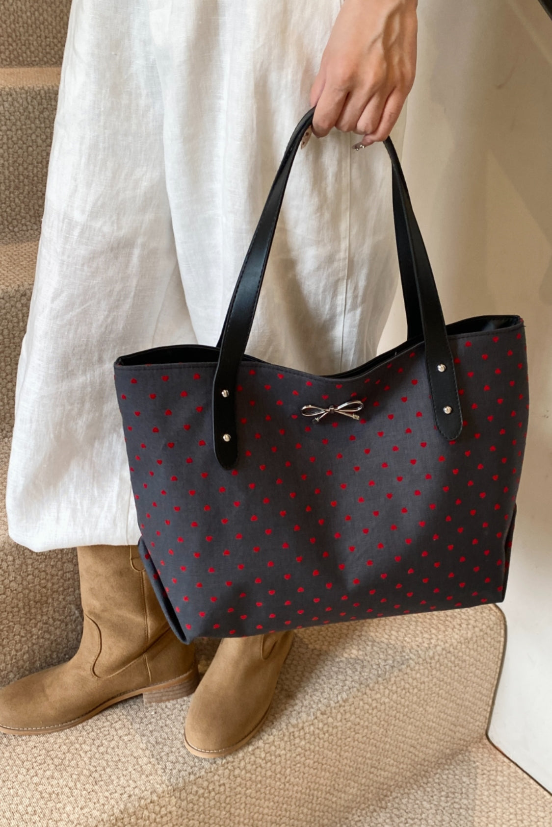 Polyester Bow Polka Dot Tote Bag 