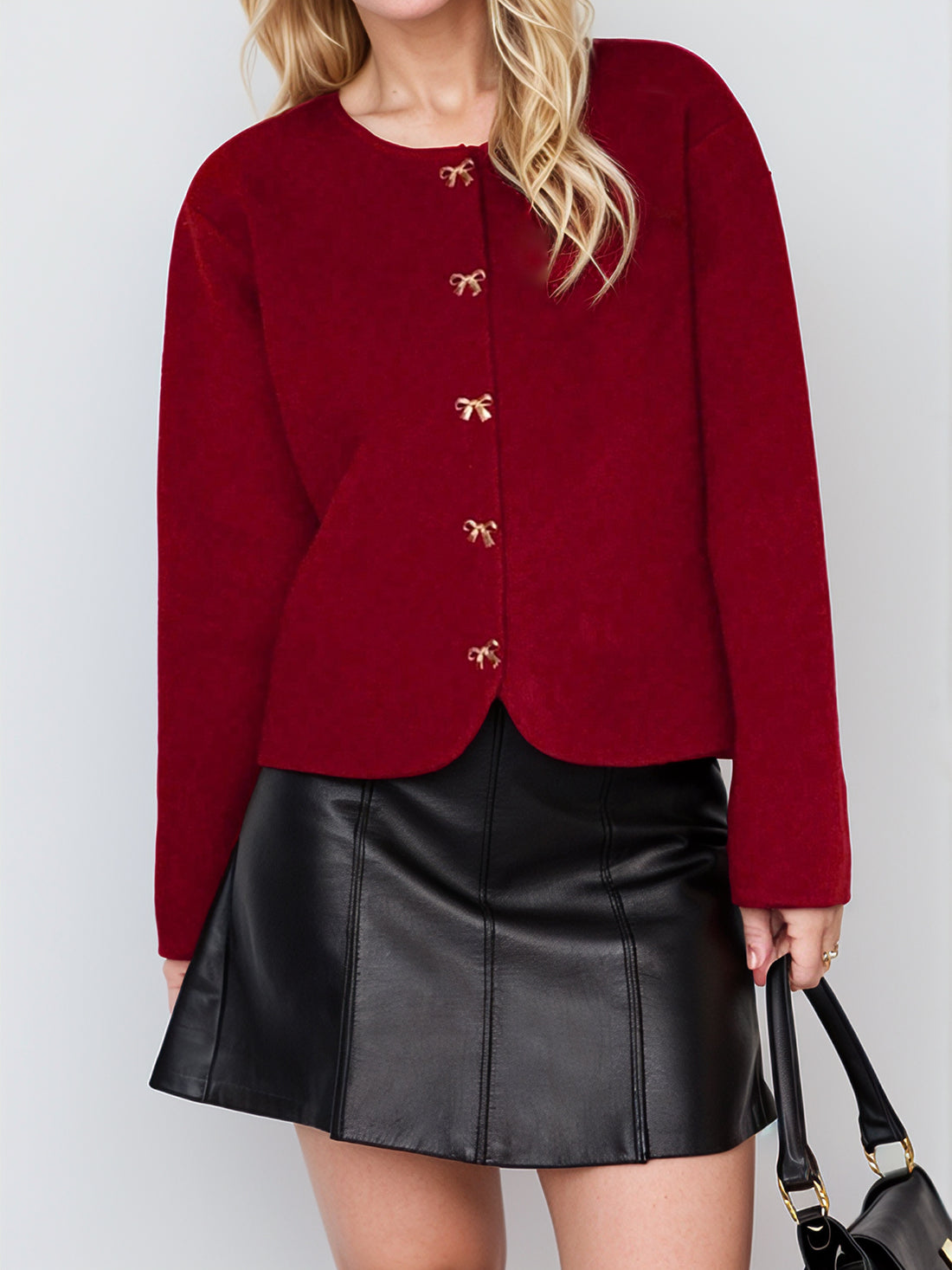 Bow Button Down Round Neck Long Sleeve Cardigan 