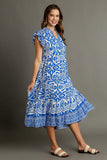 Umgee Full Size Two Tone Border Print Ruffle Cap Sleeve Midi Dress Plus Size Dresses