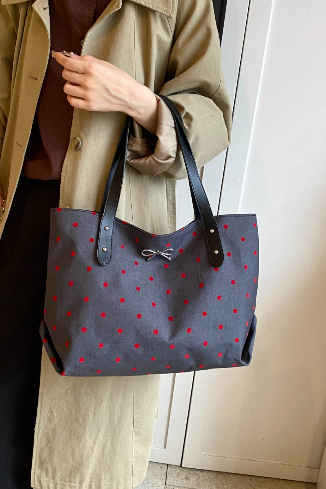Polyester Bow Polka Dot Tote Bag 