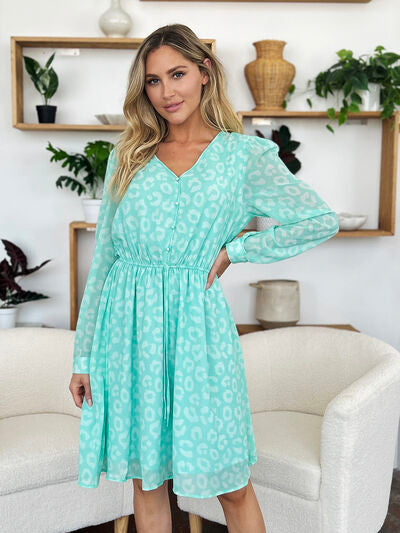 Double Take Full Size Printed Ruched V-Neck Long Sleeve Dress 