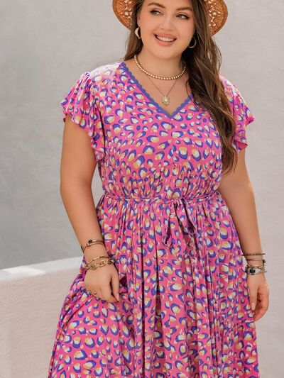 Plus Size Printed V-Neck Flutter Sleeve Tie Waist Maxi Dress Dresses