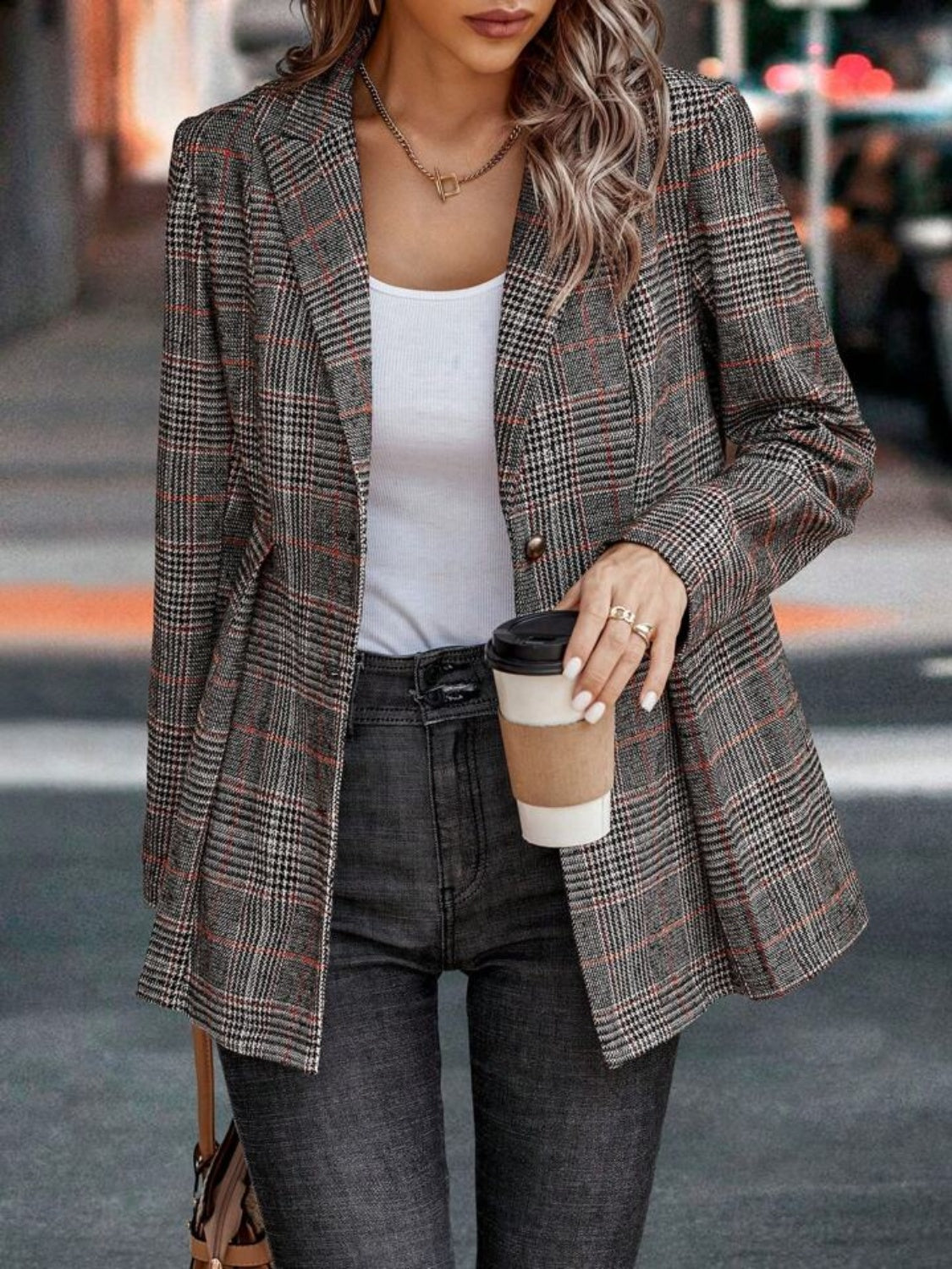 Plaid Button Up Lapel Collar Blazer 