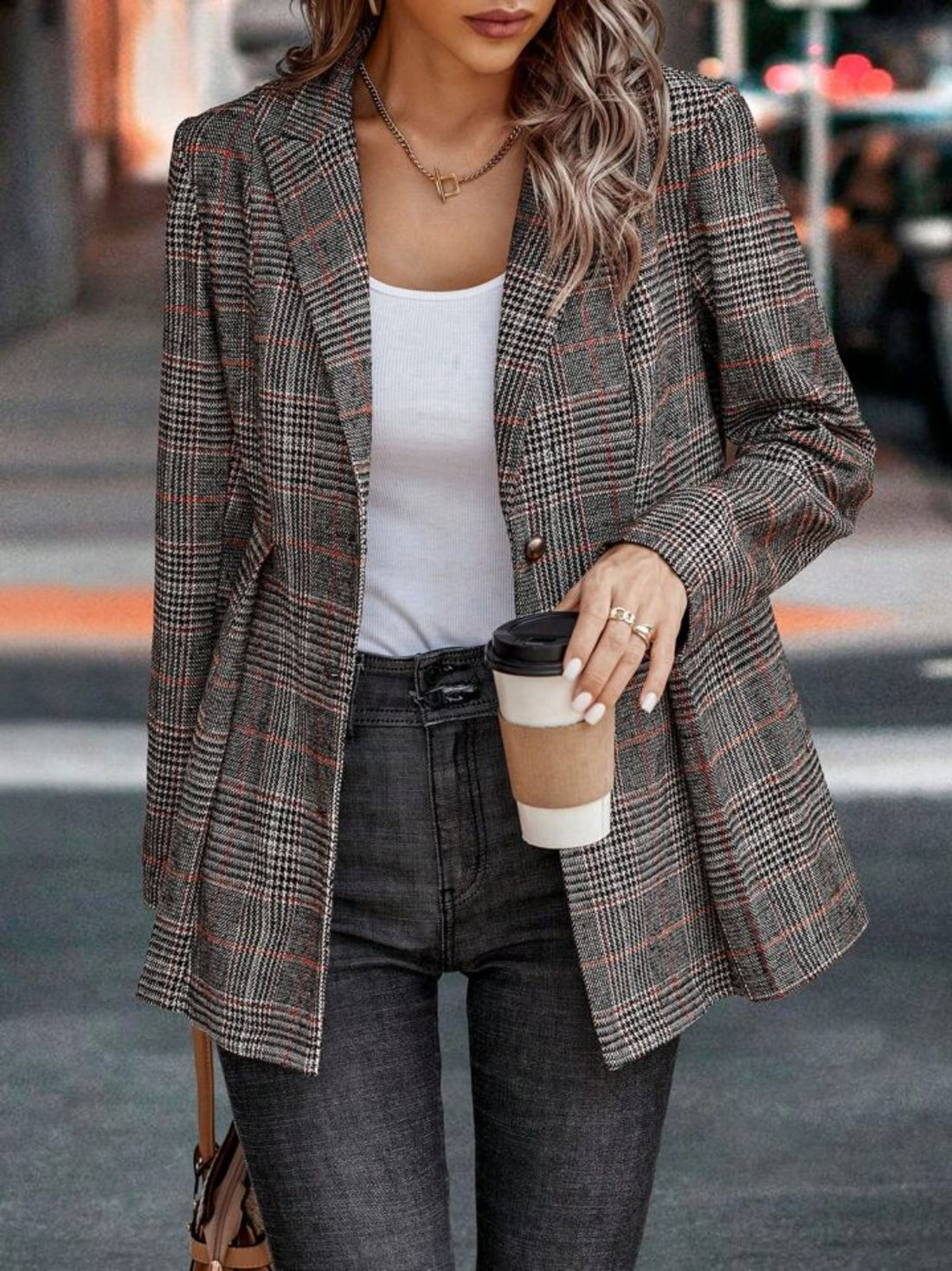 Plaid Button Up Lapel Collar Blazer 