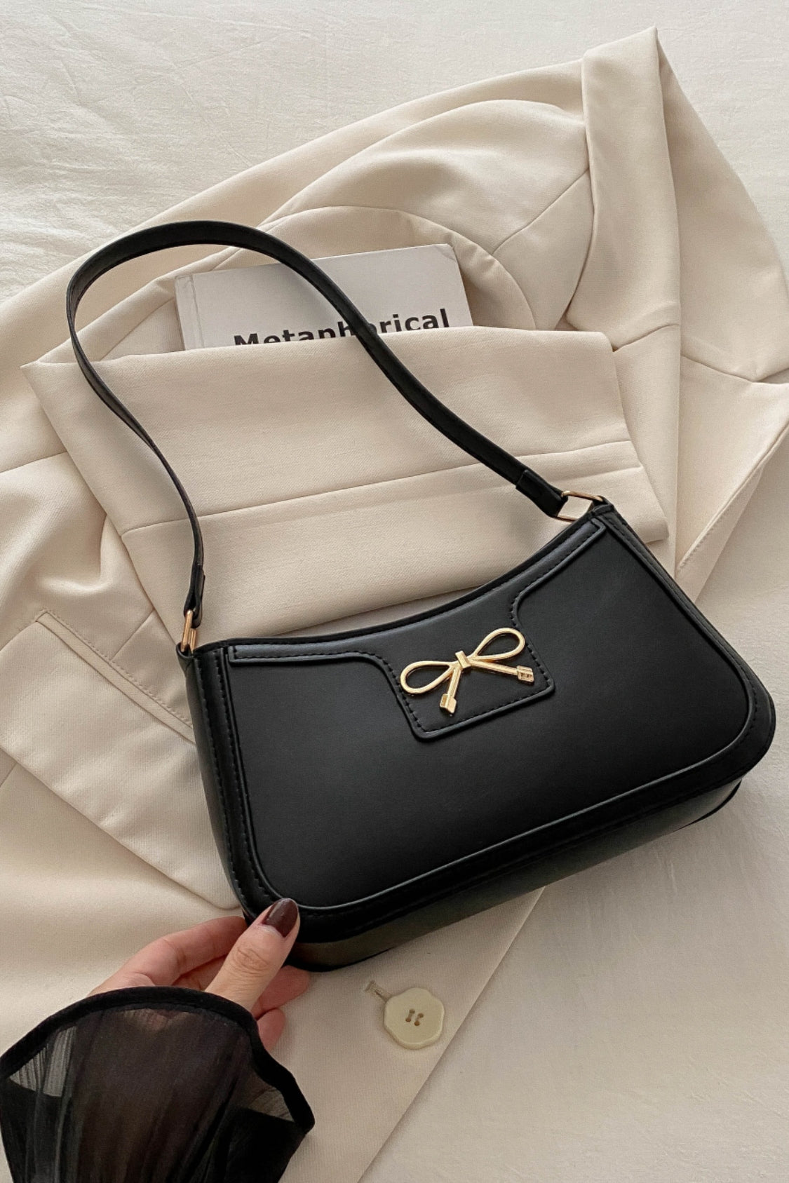 Bow Trim PU Leather Shoulder Bag 