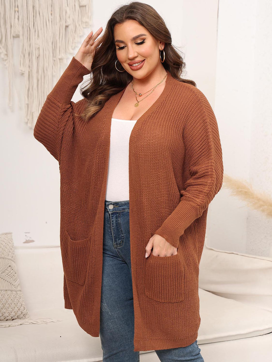 Plus Size Open Front Cardigan With Pockets 