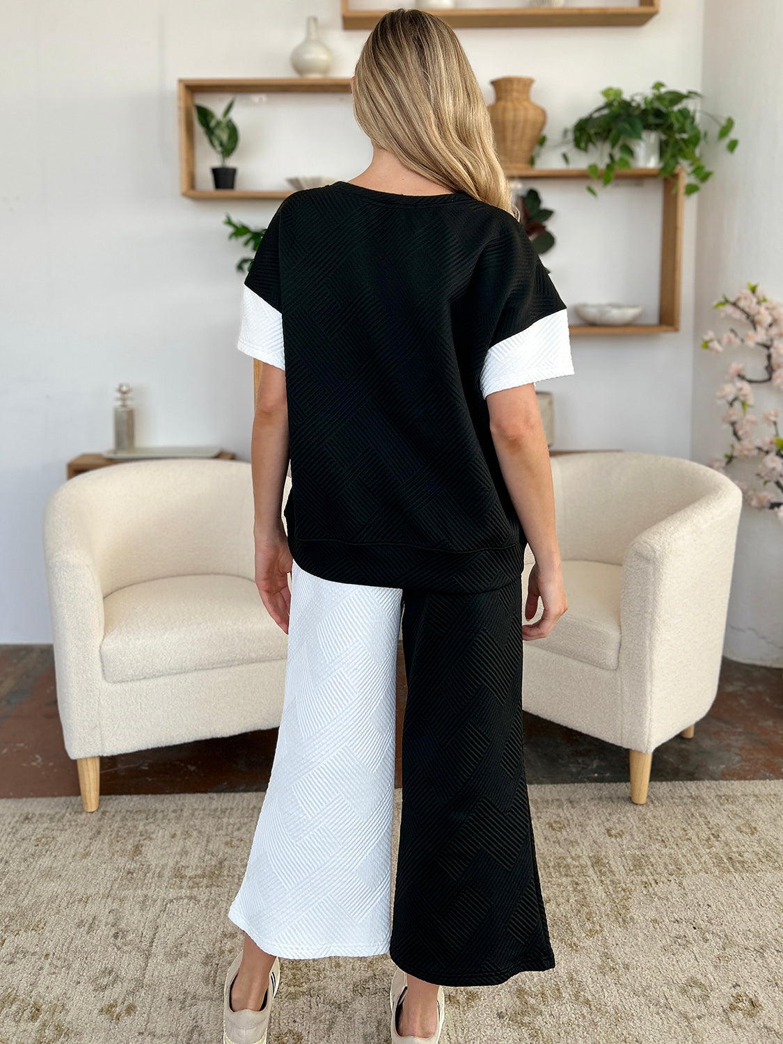 Double Take Full Size Texture Contrast T-Shirt and Wide Leg Pants Set 