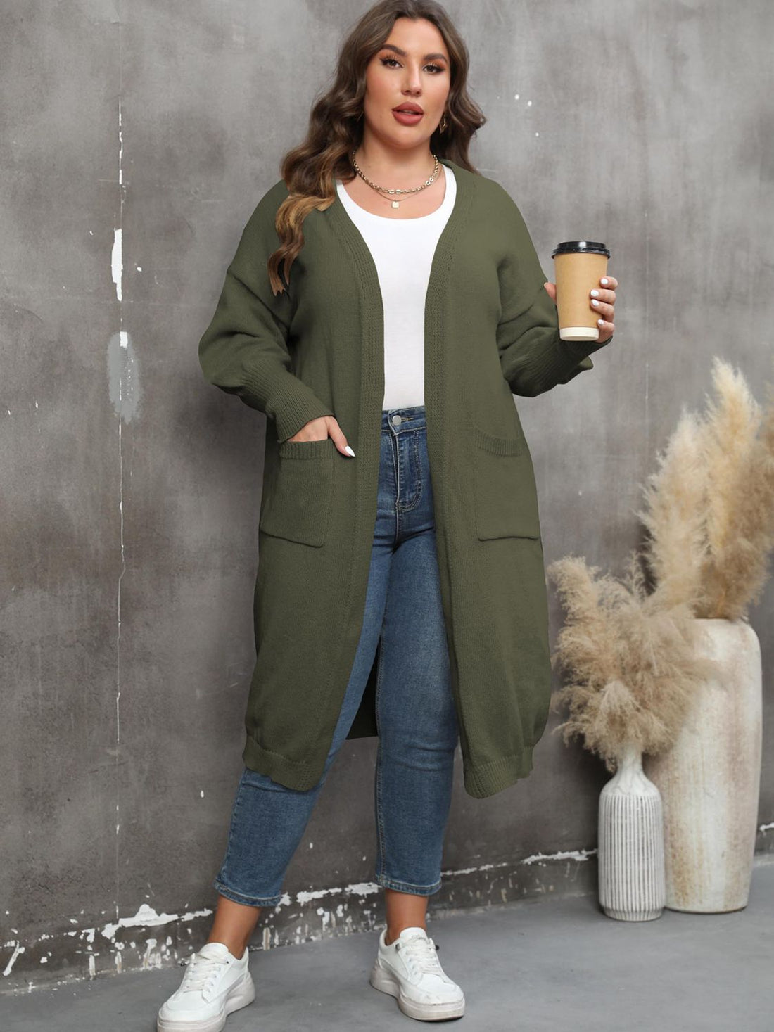 Plus Size Long Sleeve Pocketed Cardigan 