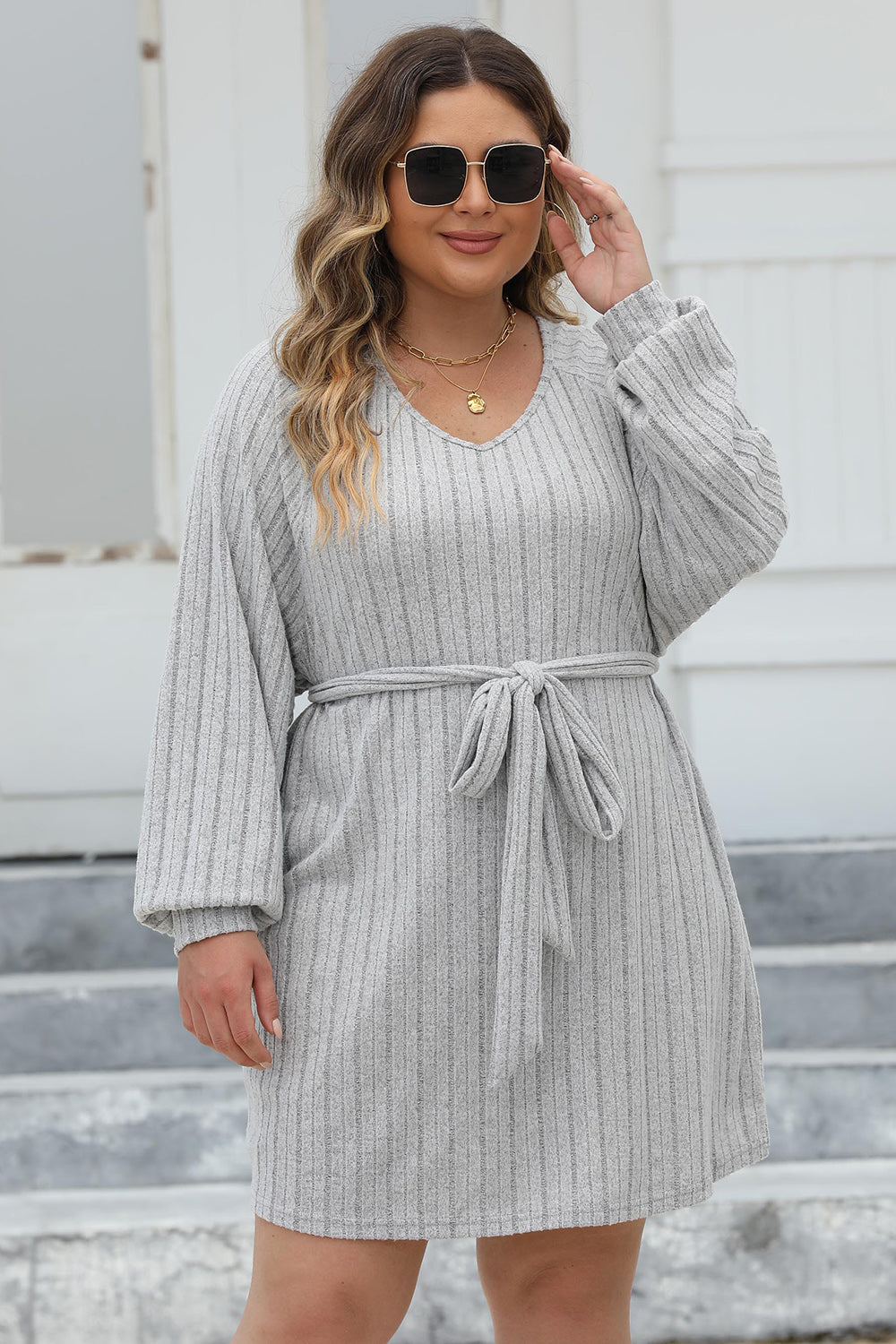 Plus Size Ribbed Tie Front Long Sleeve Sweater Dress 