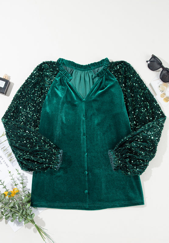 Sequin Notched Long Sleeve Blouse 