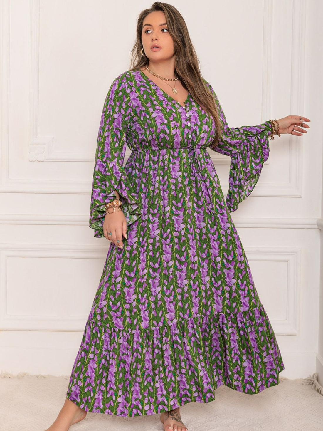Plus Size Printed V-Neck Long Sleeve Maxi Dress 