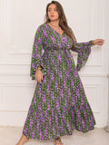 Plus Size Printed V-Neck Long Sleeve Maxi Dress 