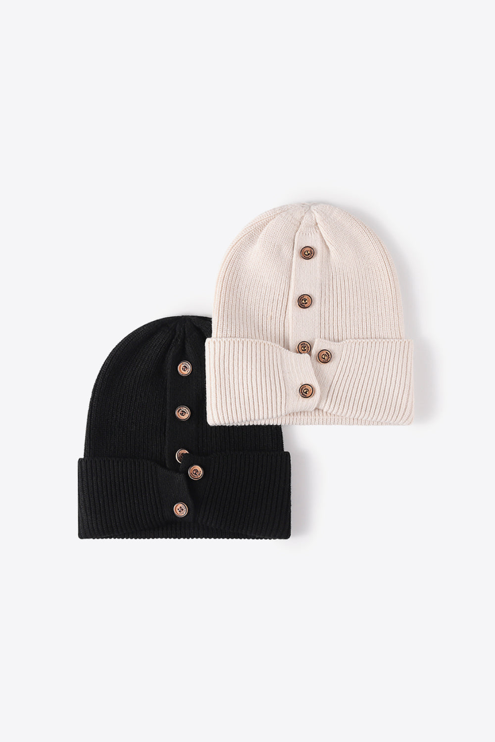 Button Detail Rib-Knit Cuff Beanie 