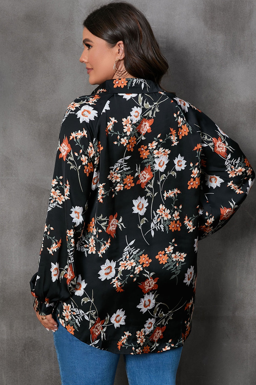 Plus Size Printed Johnny Collar Long Sleeve Blouse 