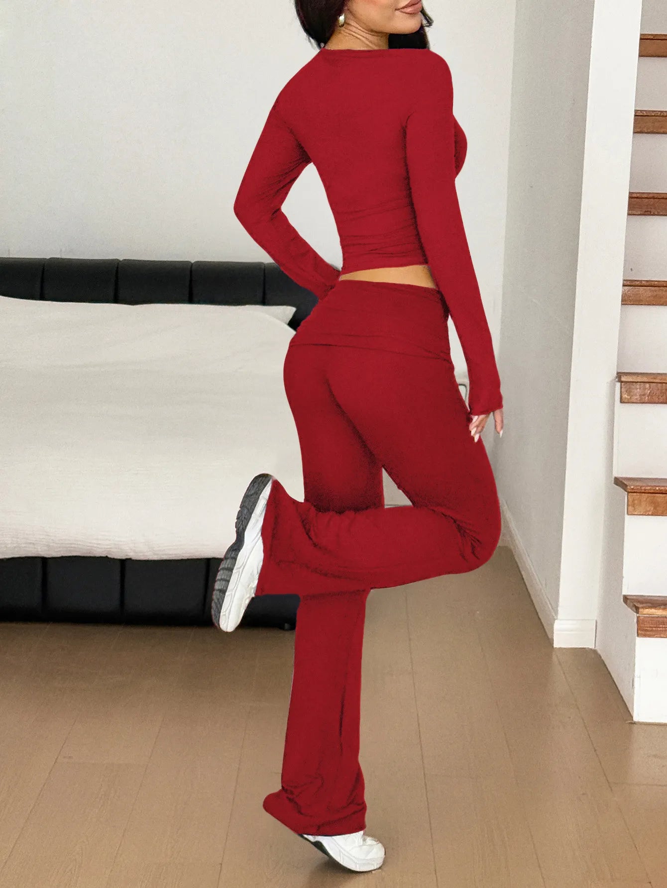 Long Sleeve Crop Top and Bootcut Pants Set Two Piece Dresses