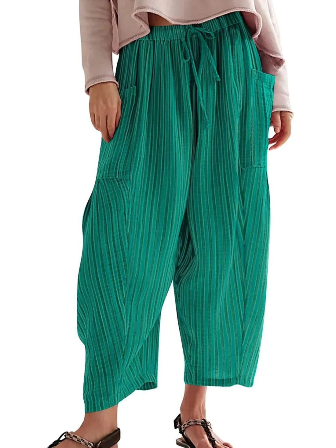 Full Size Striped Wide Leg Casual Pants Plus Size 