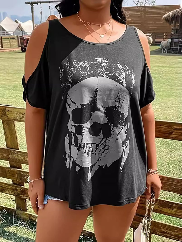 Plus Size Skeleton Graphic Round Neck Cold Shoulder T-Shirt 