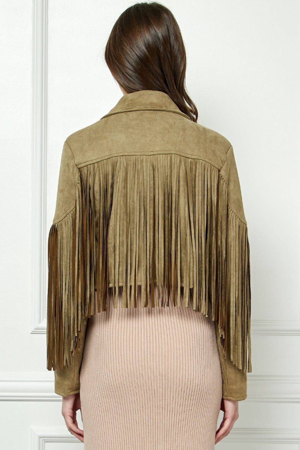 Veveret Suede Fringe Long Sleeve Moto Jacket 