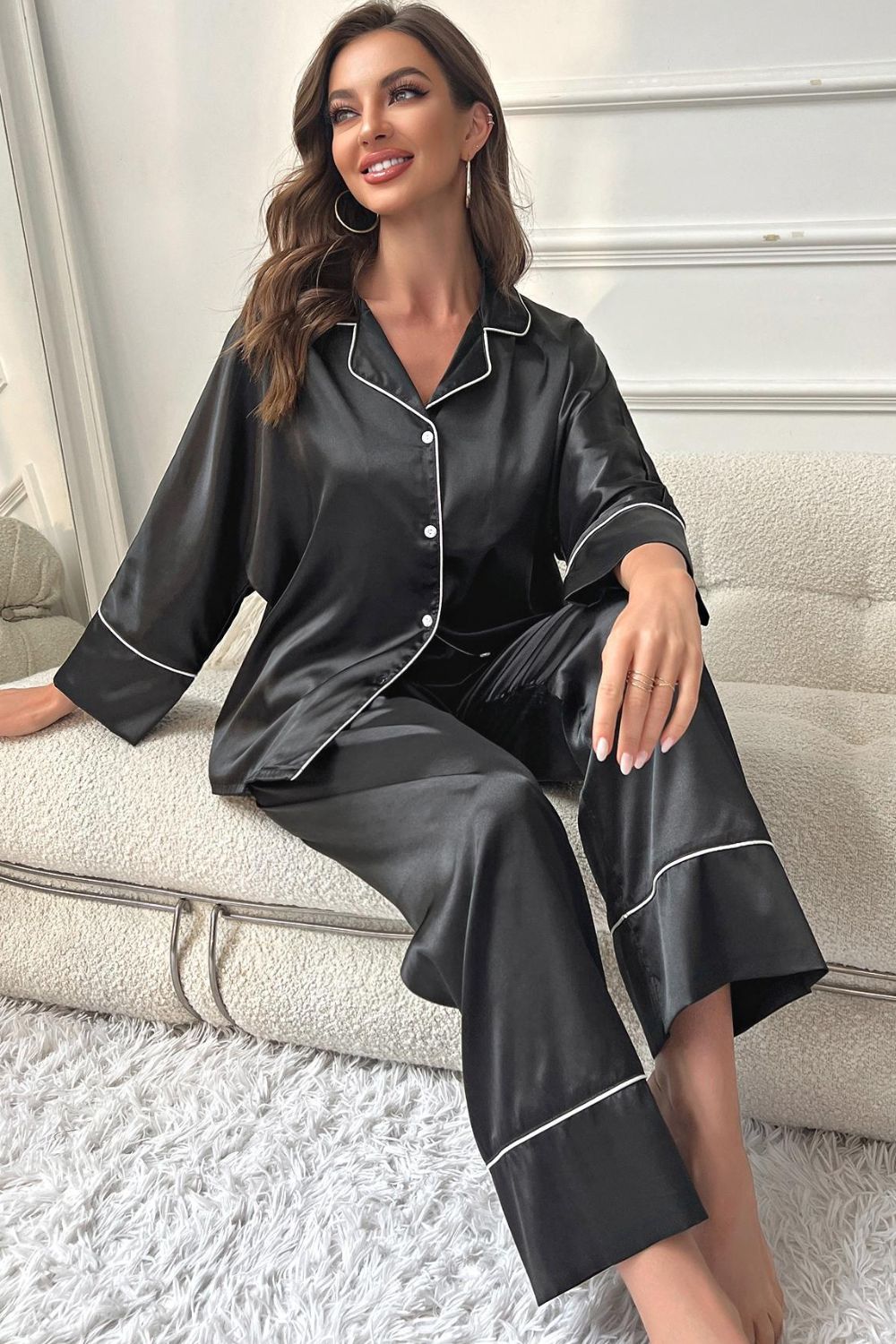 Contrast Piping Button-Up Top and Pants Pajama Set Lingerie & Nightwear