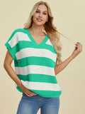 Double Take Full Size Striped V-Neck Short Sleeve Sweater 