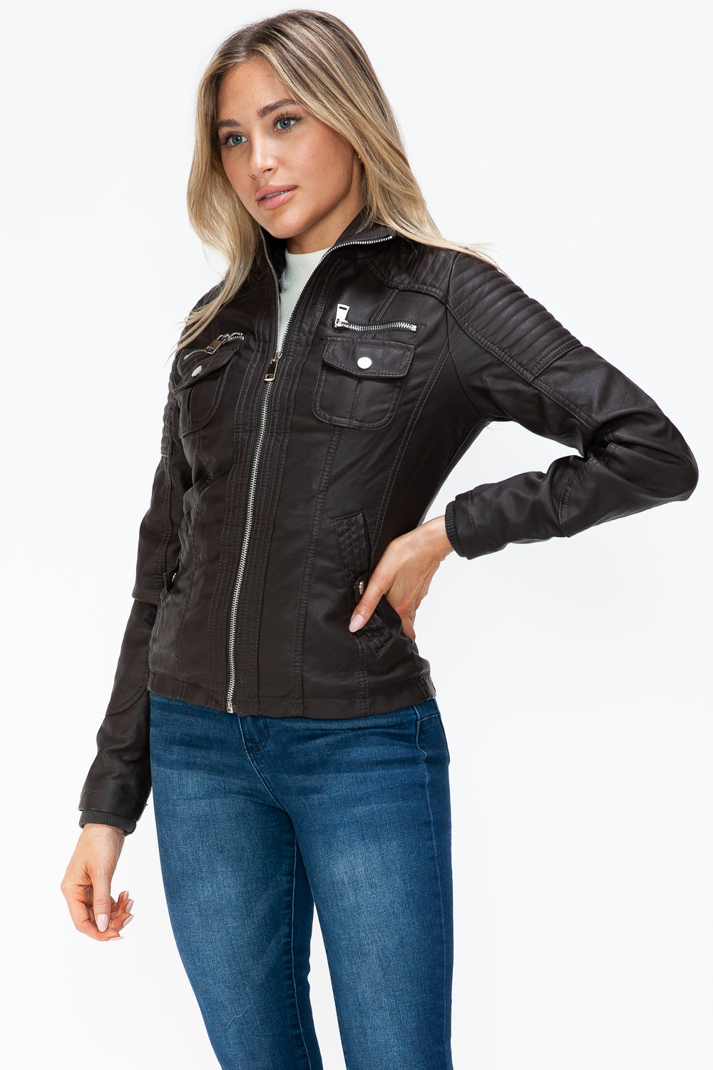 YMI Removable Faux Layered Multi-Pocket Jacket with Fuzzy Hood 