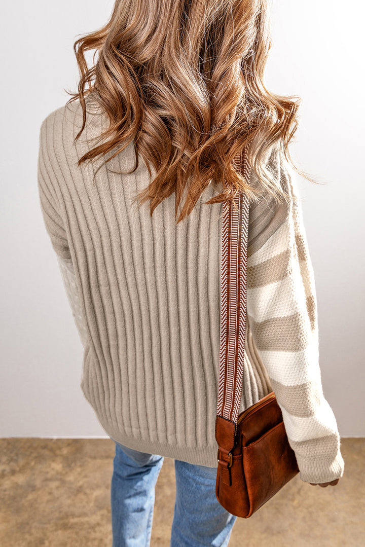 Khaki Cable Knit Colorblock Crew Neck Drop Shoulder Sweater Sweaters & Cardigans/Sweaters
