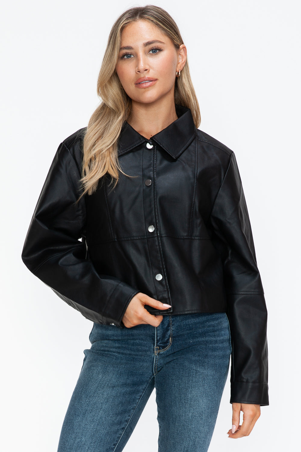 Snobbish Snap Down Long Sleeve PU Leather Jacket 