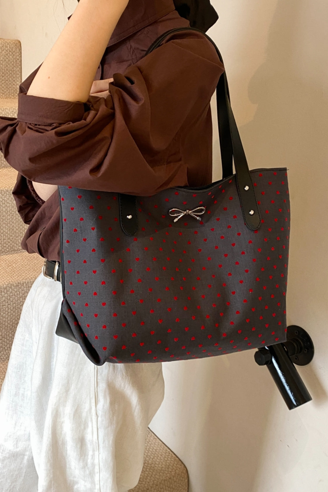 Polyester Bow Polka Dot Tote Bag 