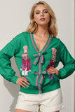 Double Take Full Size Nutcracker Sequin Bow Decor Cardigan 