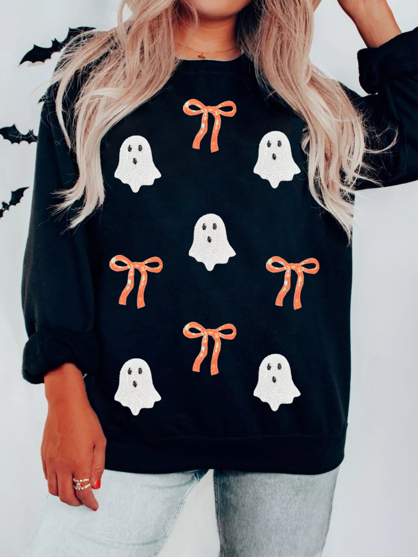 Halloween Ghost Bow Sequin Patched Drop Shoulder Sweatshirt 