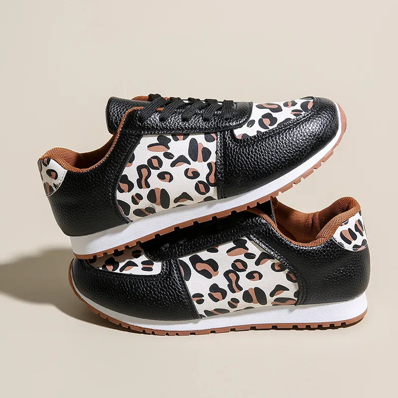 Leopard Round Toe Lace Up Sneakers 