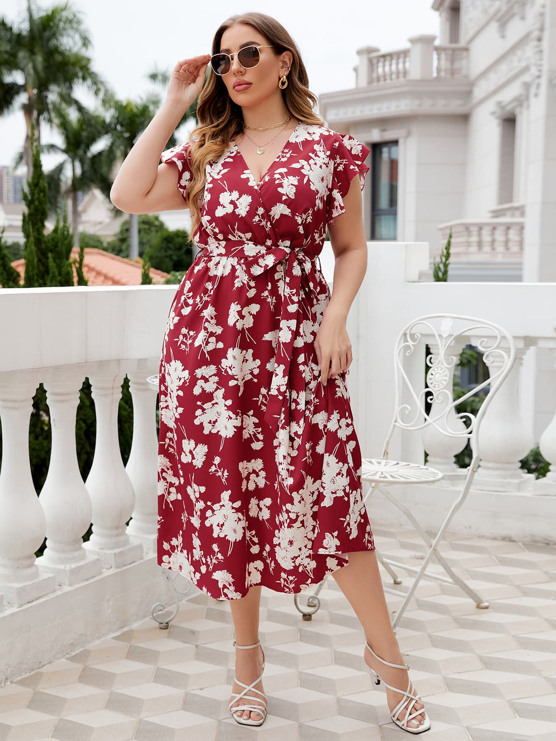 Honey Plus Size Floral Tie Waist Surplice Neck Midi Dress 