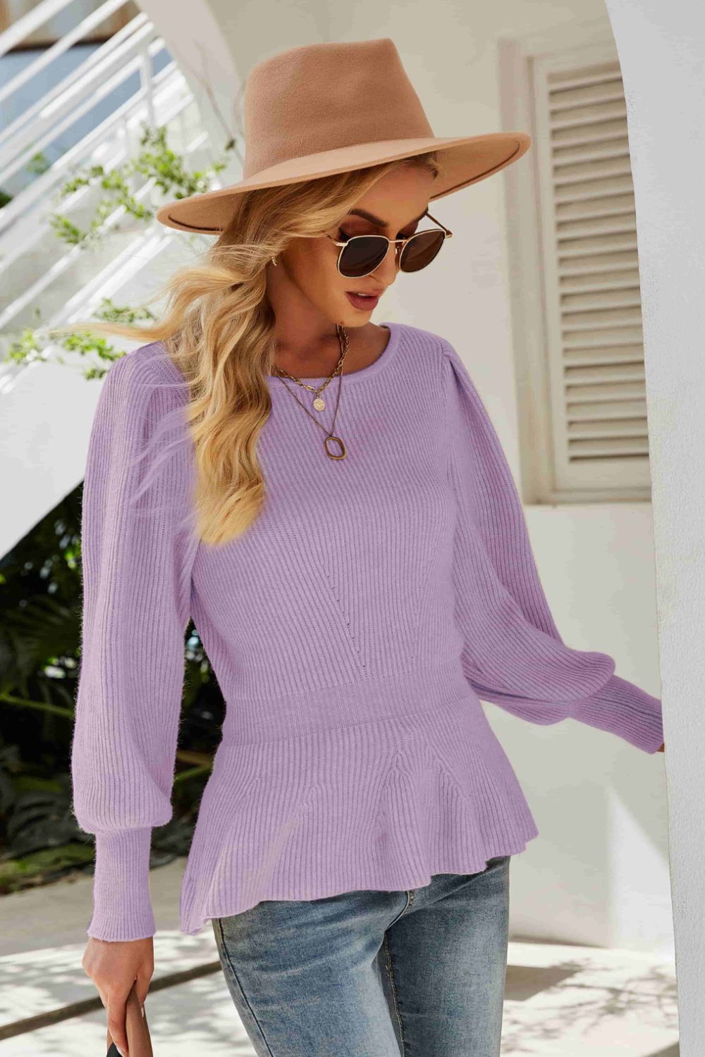 Ribbed Round Neck Lantern Sleeve Sweater 