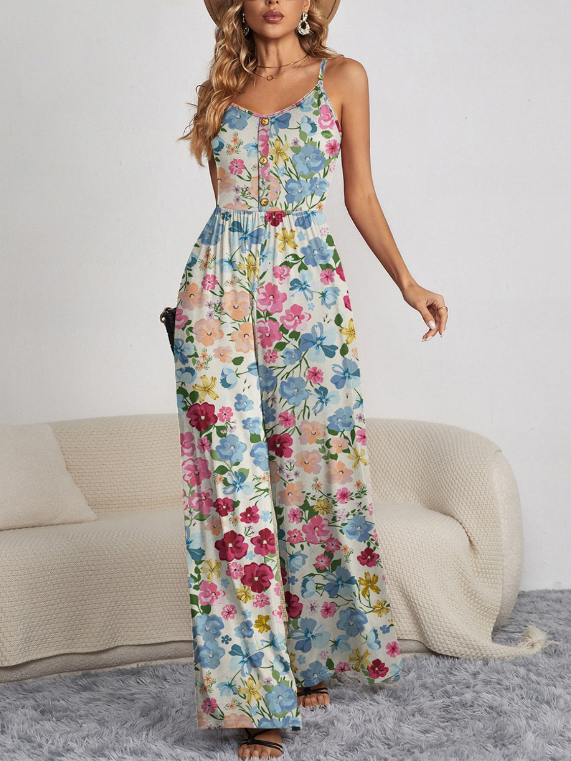 FAM-FAM Decorative Button Spaghetti Strap Wide Leg Jumpsuit 