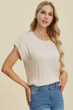 Double Take Full Size Cable-Knit Round Neck Short Sleeve Sweater 