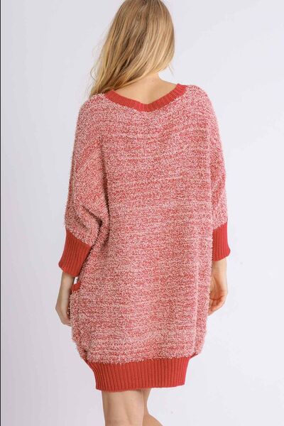 Umgee Full Size Ribbed Hem Round Neck 3/4 Sleeve Sweater Dress with Pockets Plus Size Dresses