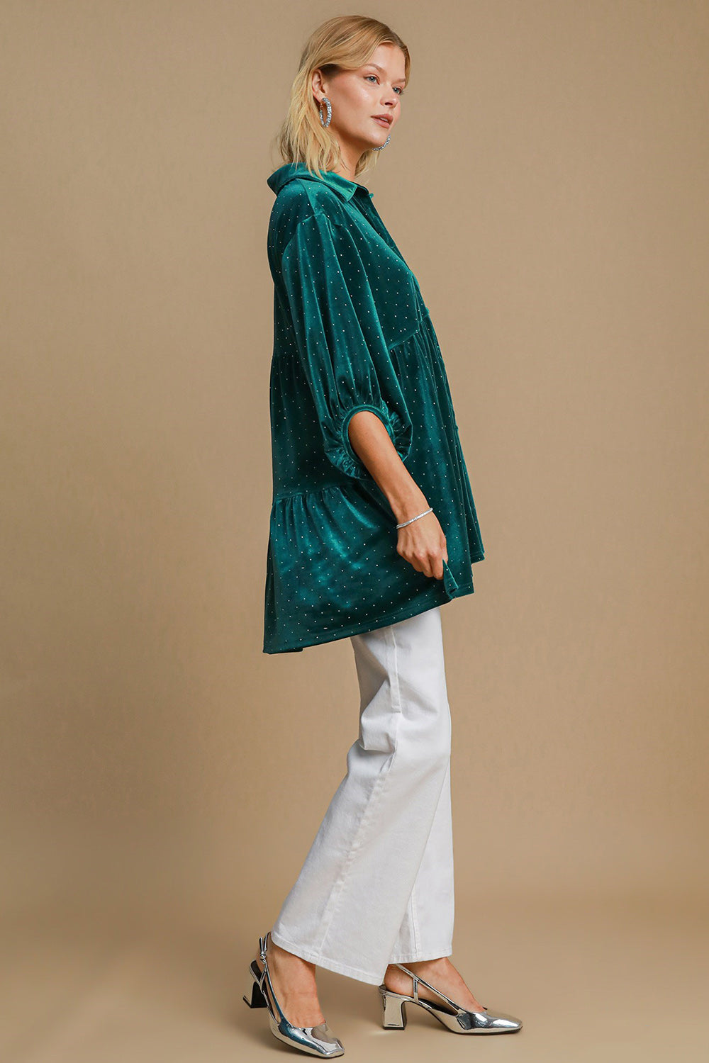 Umgee Full Size Polka Dot Collared Neck Button Up Shirt 