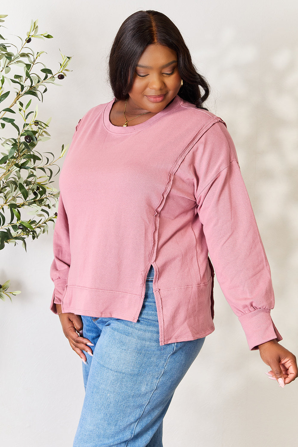 Culture Code Full Size Round Neck Exposed Seam Slit Top 