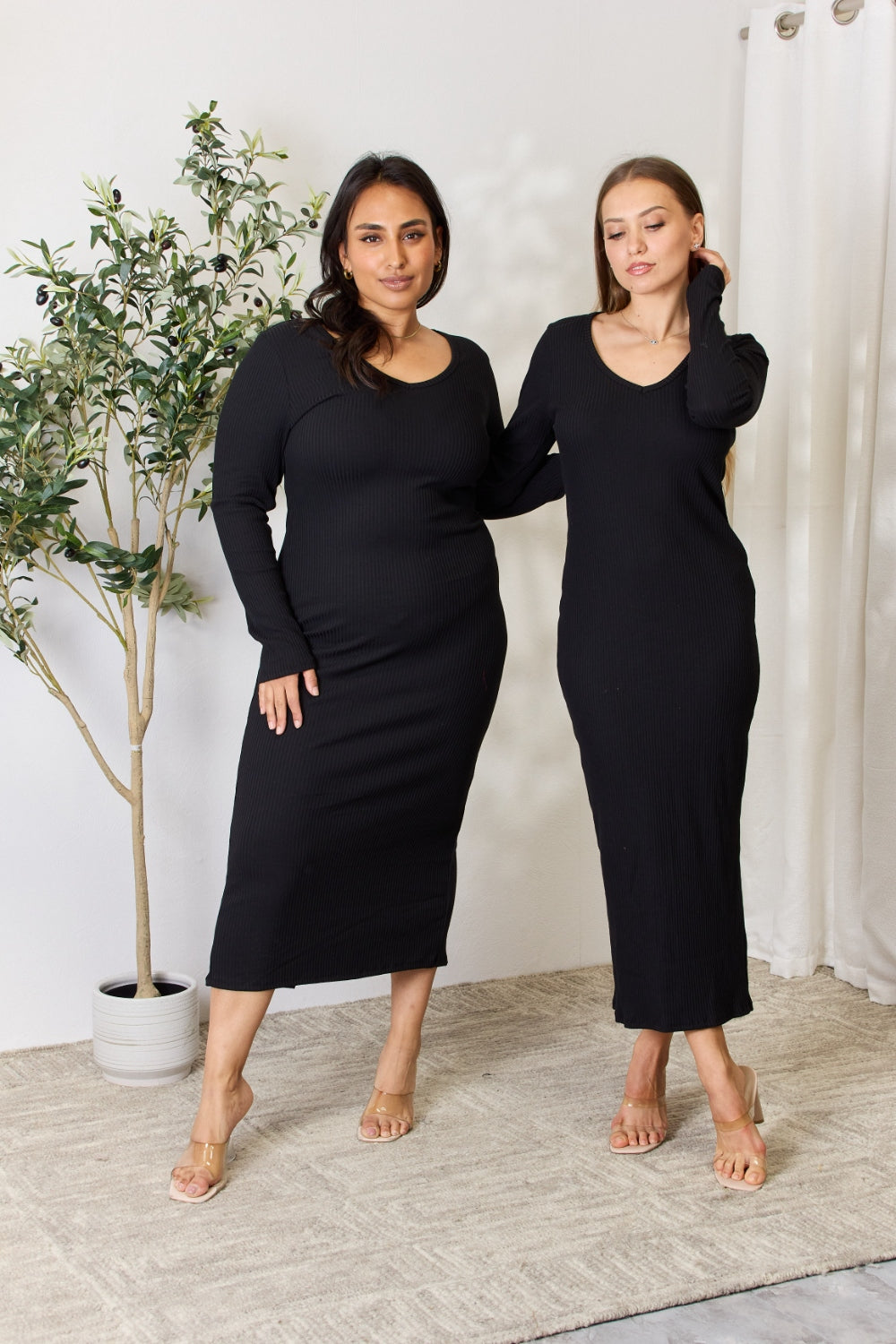 Culture Code Full Size Ribbed Long Sleeve Midi Slit Dress 