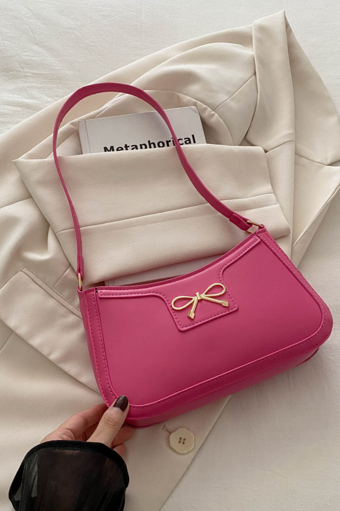 Bow Trim PU Leather Shoulder Bag 