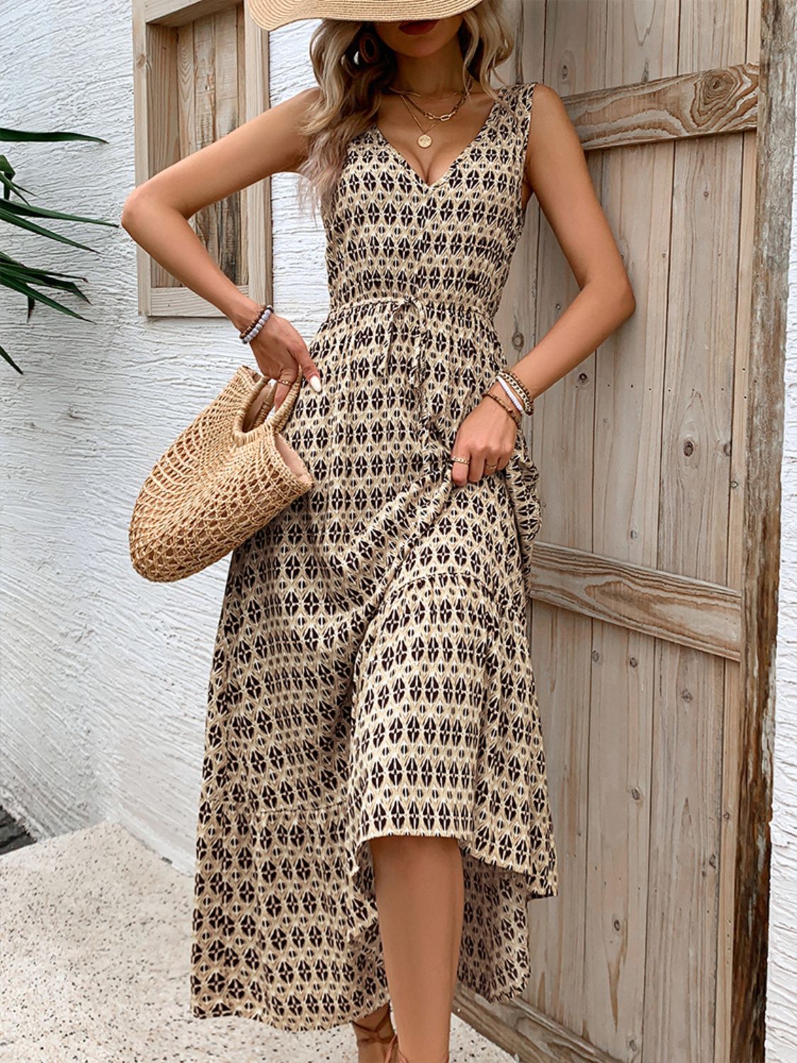 Perfee Printed V-Neck Tie Waist Midi Dress 