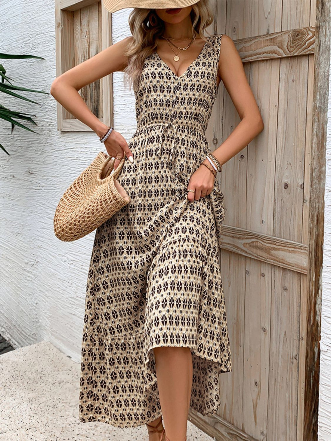 Perfee Printed V-Neck Tie Waist Midi Dress 
