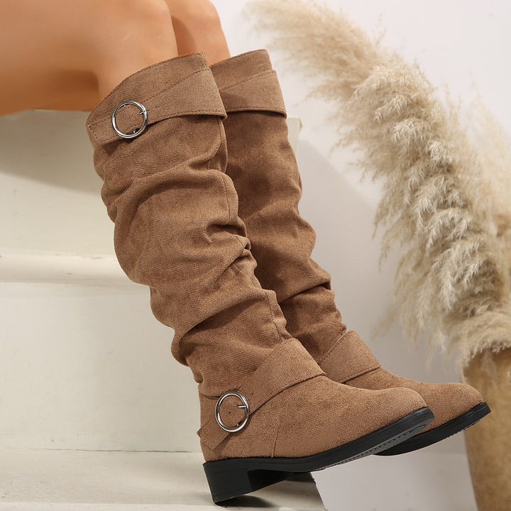 Buckle Round Toe Block Heel Boots 