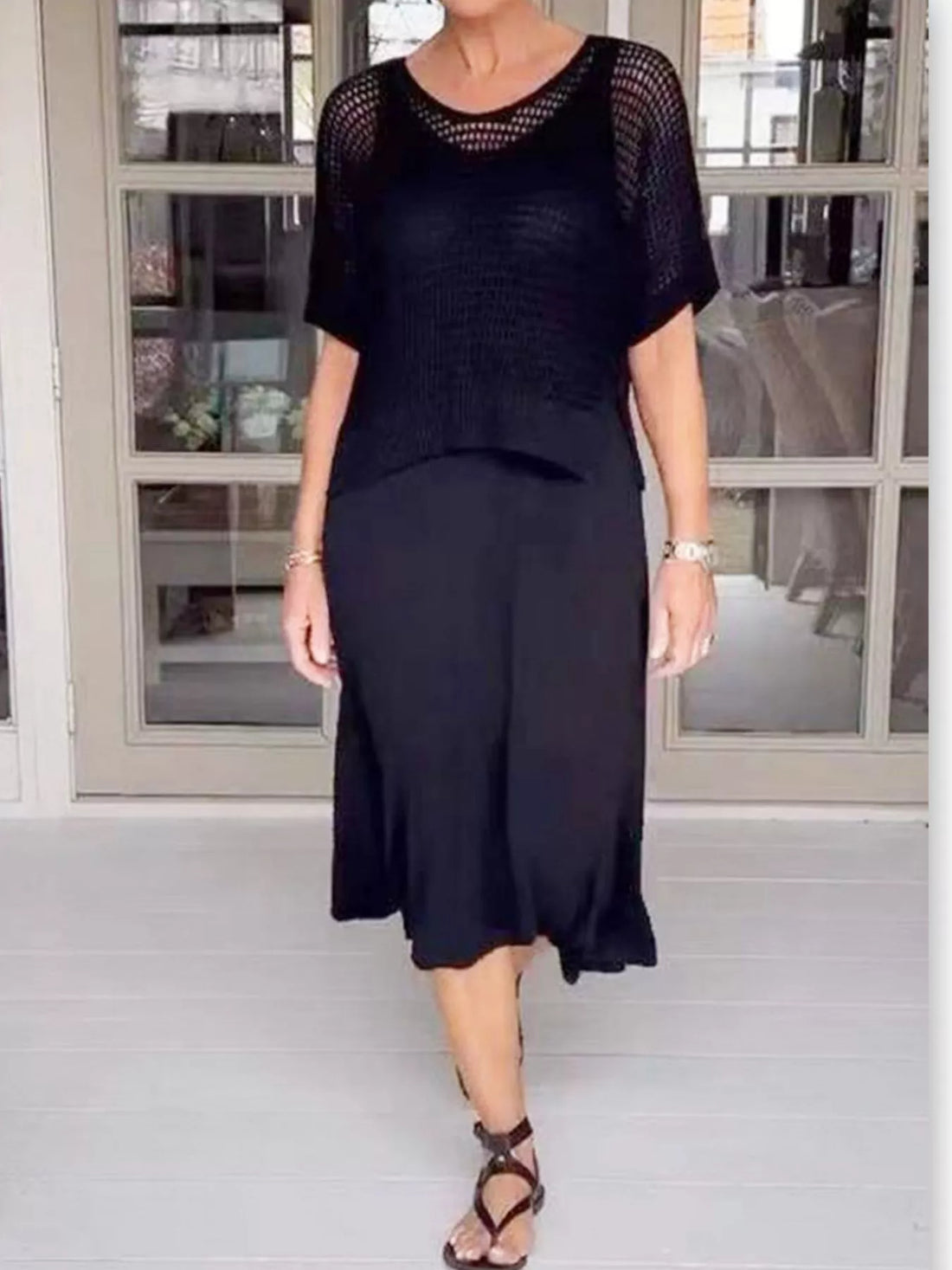Full Size Openwork Knit Cover Up and Dress Set Plus Size Two Piece Dresses