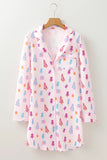 Printed Collared Neck Long Sleeve Lounge Dress 